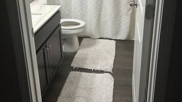 Shower, hair dryer, bidet, towels