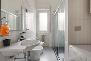 Shower, hair dryer, bidet, towels