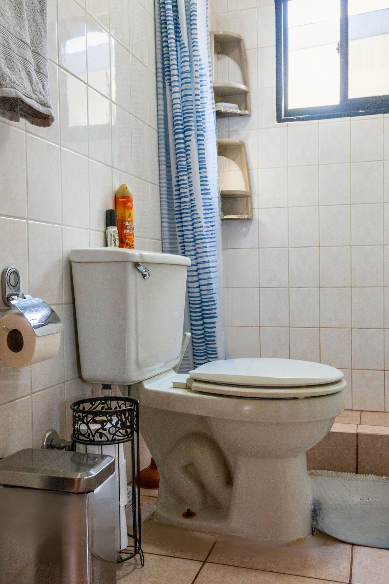 A bathroom with a toilet, a sink, a shower curtain, and a window.