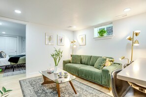 TV, fireplace, books