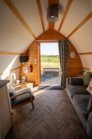 A cozy, wooden interior with a sofa, a chair, a television, and a window leading to an outdoor area. - Cosy Modern Glamping Pod With Hot Tub (Newton Stewart)