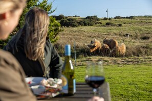 Une table à manger dressée avec de la nourriture, du vin et une bouteille, avec un champ verdoyant et des animaux en arrière-plan.