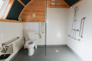 Une salle de bain moderne avec une douche à parois de verre, des toilettes et des barres d’appui.