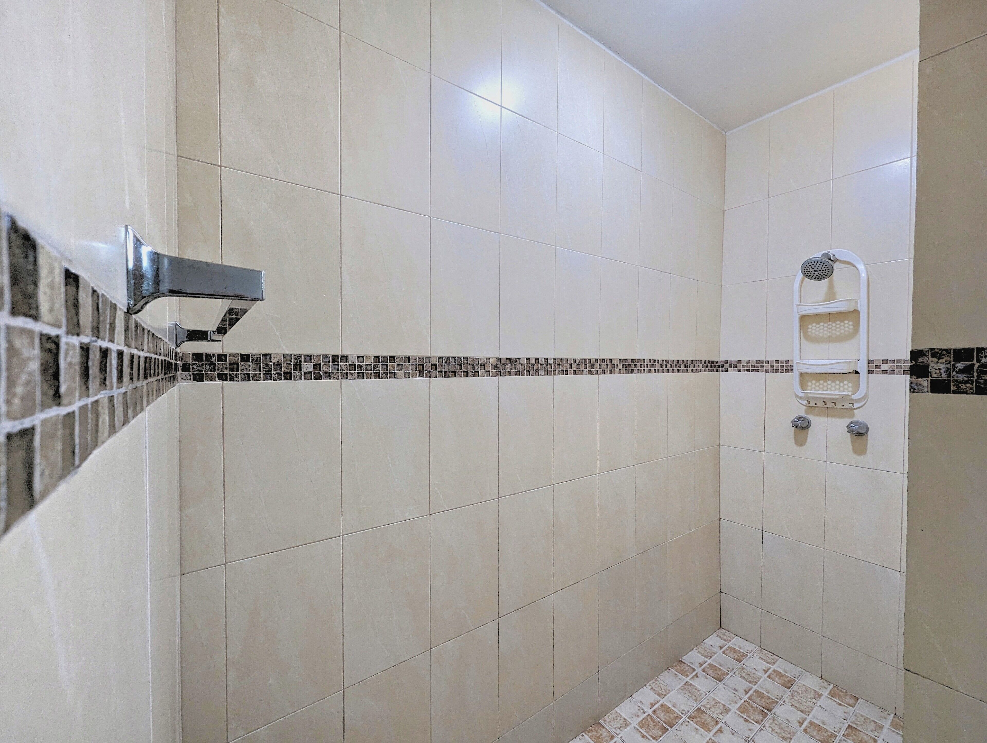 A shower area with tiled walls, a tiled floor, and a showerhead.