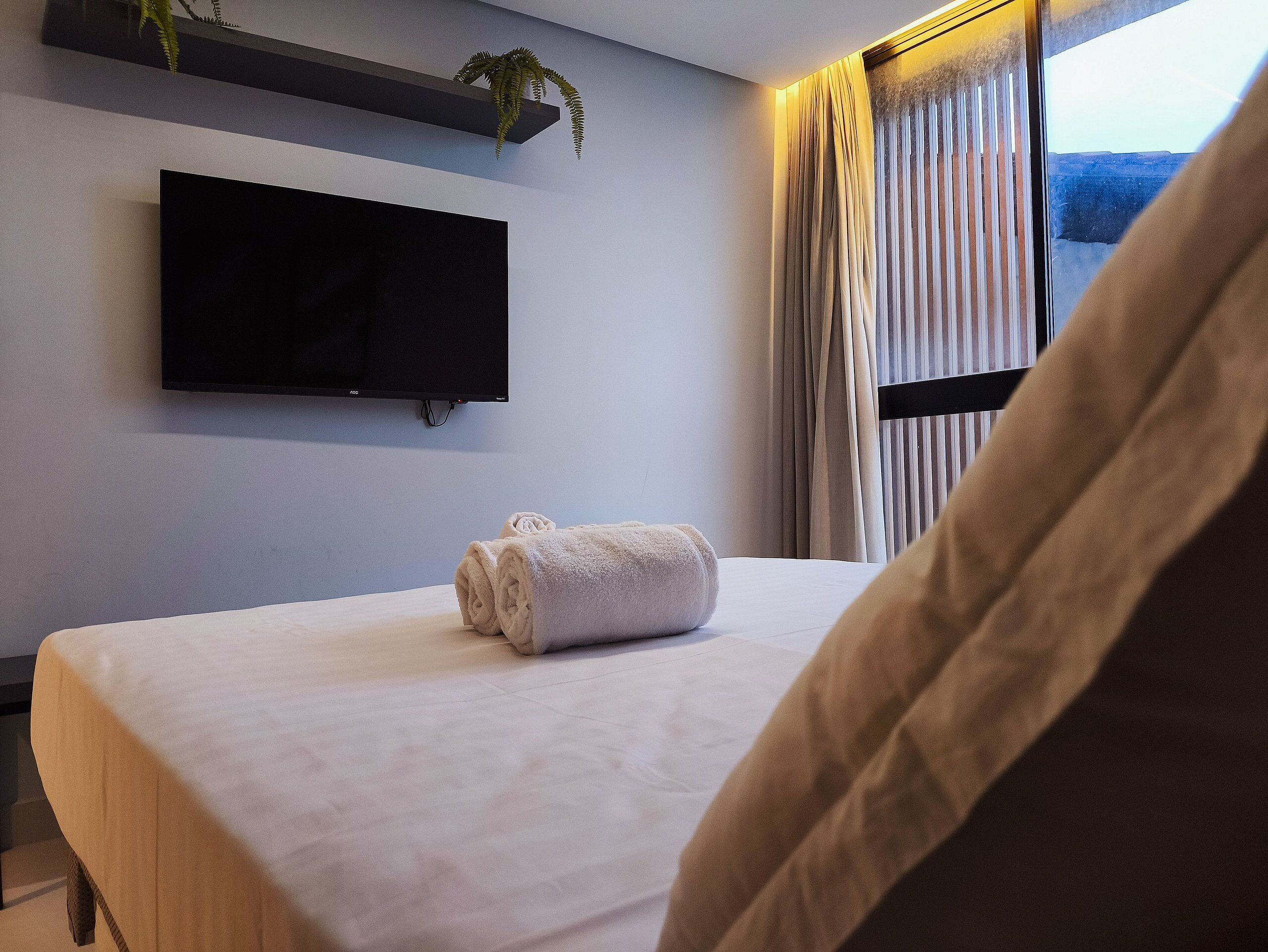 Camera d'albergo con un letto, una TV a schermo piatto montata a parete, una finestra con tende e una pianta in vaso.