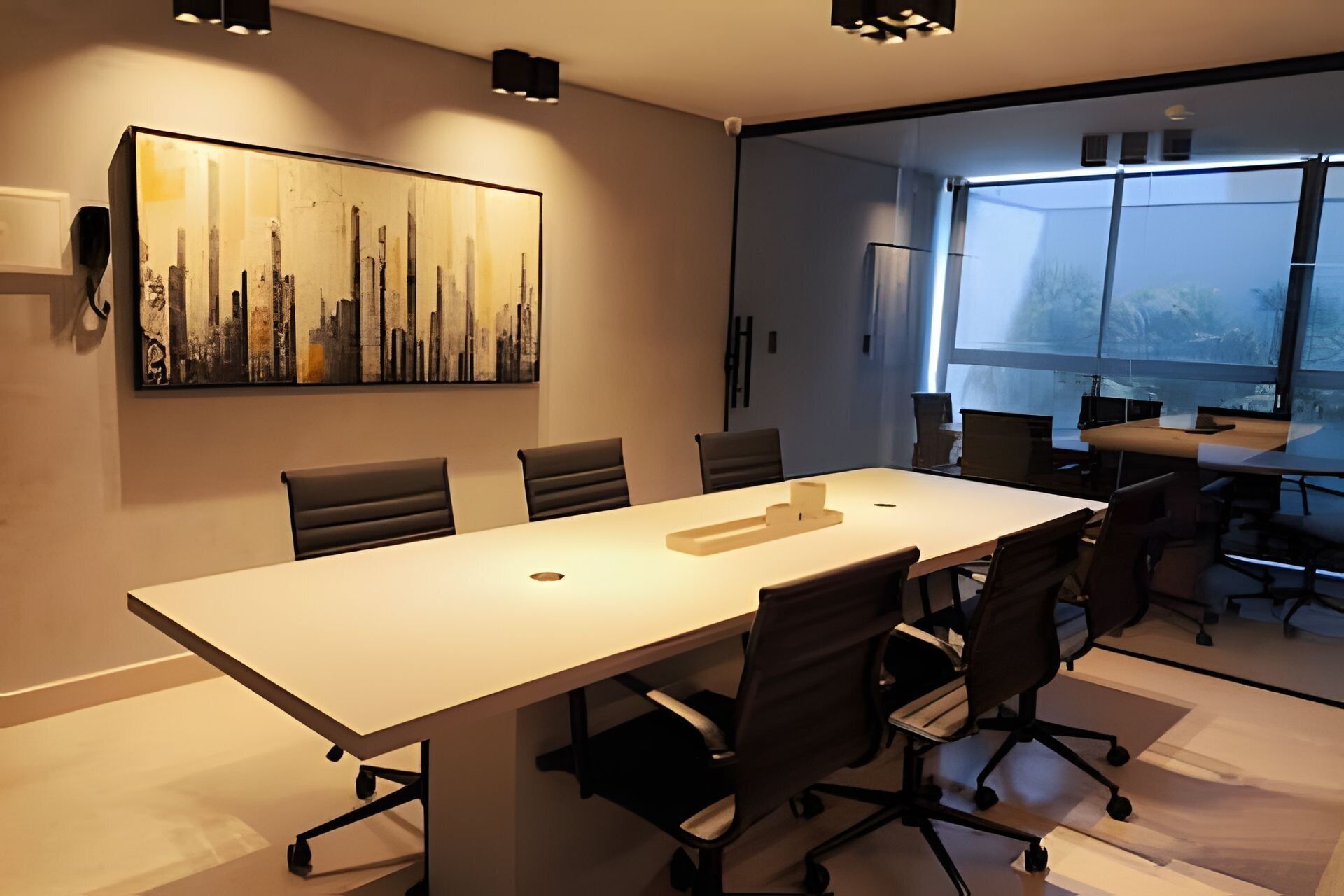 A modern conference room with a long table, chairs, and a cityscape painting on the wall.
