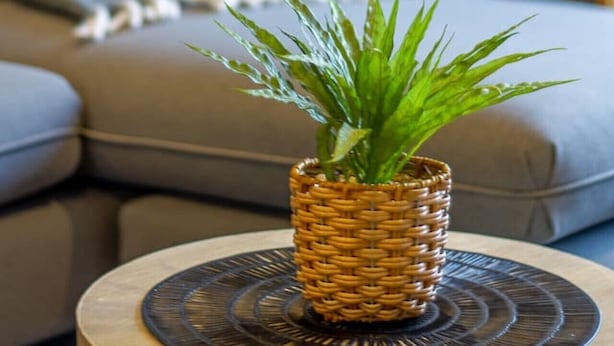 Una sala de estar con un sofá, una mesita redonda con una planta tejida y un adorno en la mesita auxiliar.