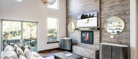 Télévision, cheminée, chaîne hi-fi, écrans d'ordinateur