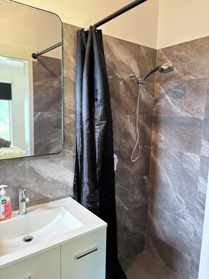 Shower, hair dryer, towels, soap