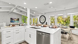 A modern kitchen with white cabinetry, a stainless steel dishwasher, and a large island with a sink.
