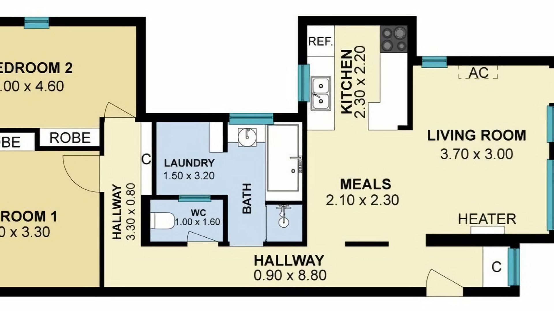 A floor plan with two bedrooms, a living room, a kitchen, a bathroom, a laundry room, and a hallway.