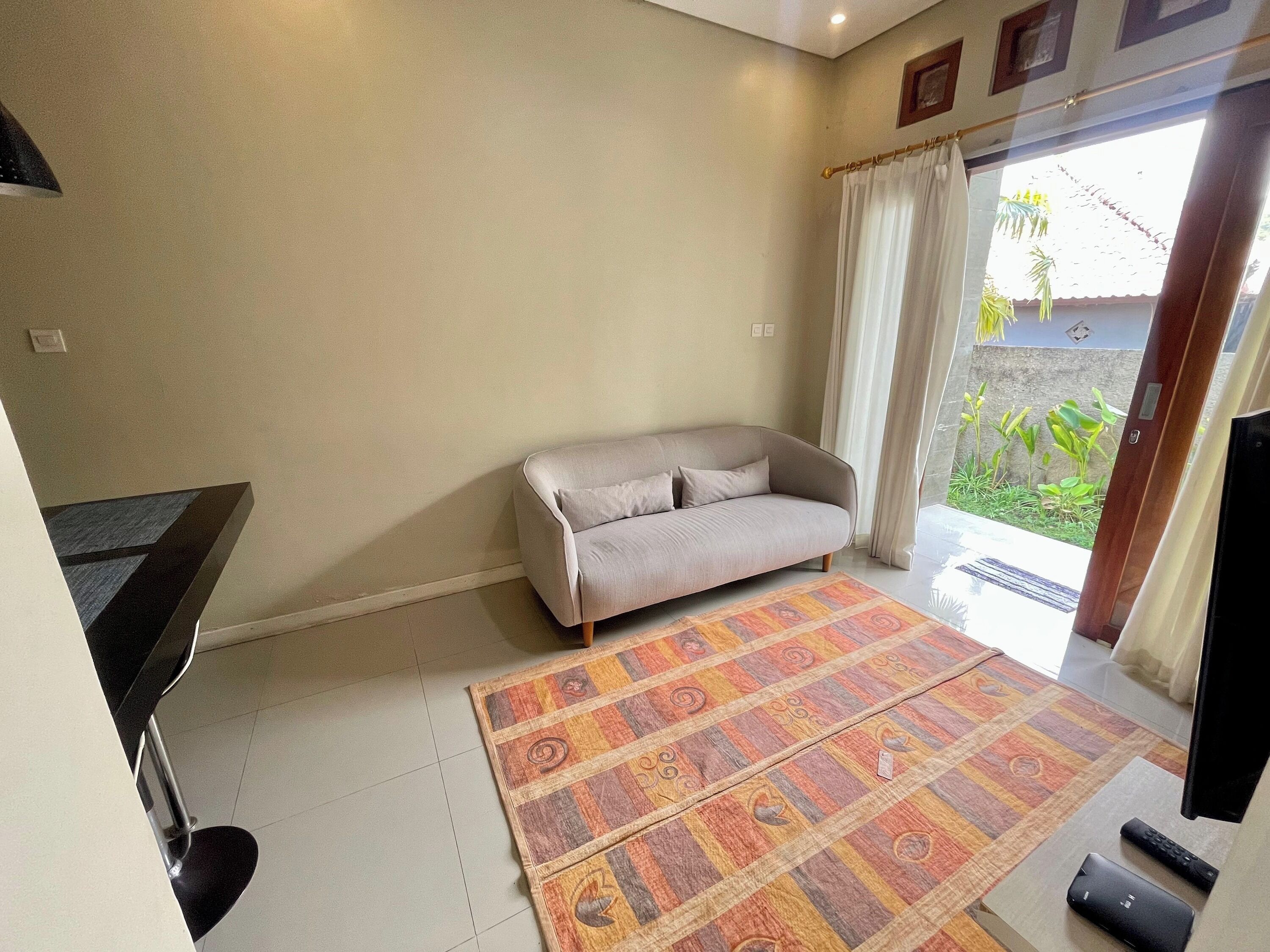 A living room with a sofa, a patterned rug, and a television.