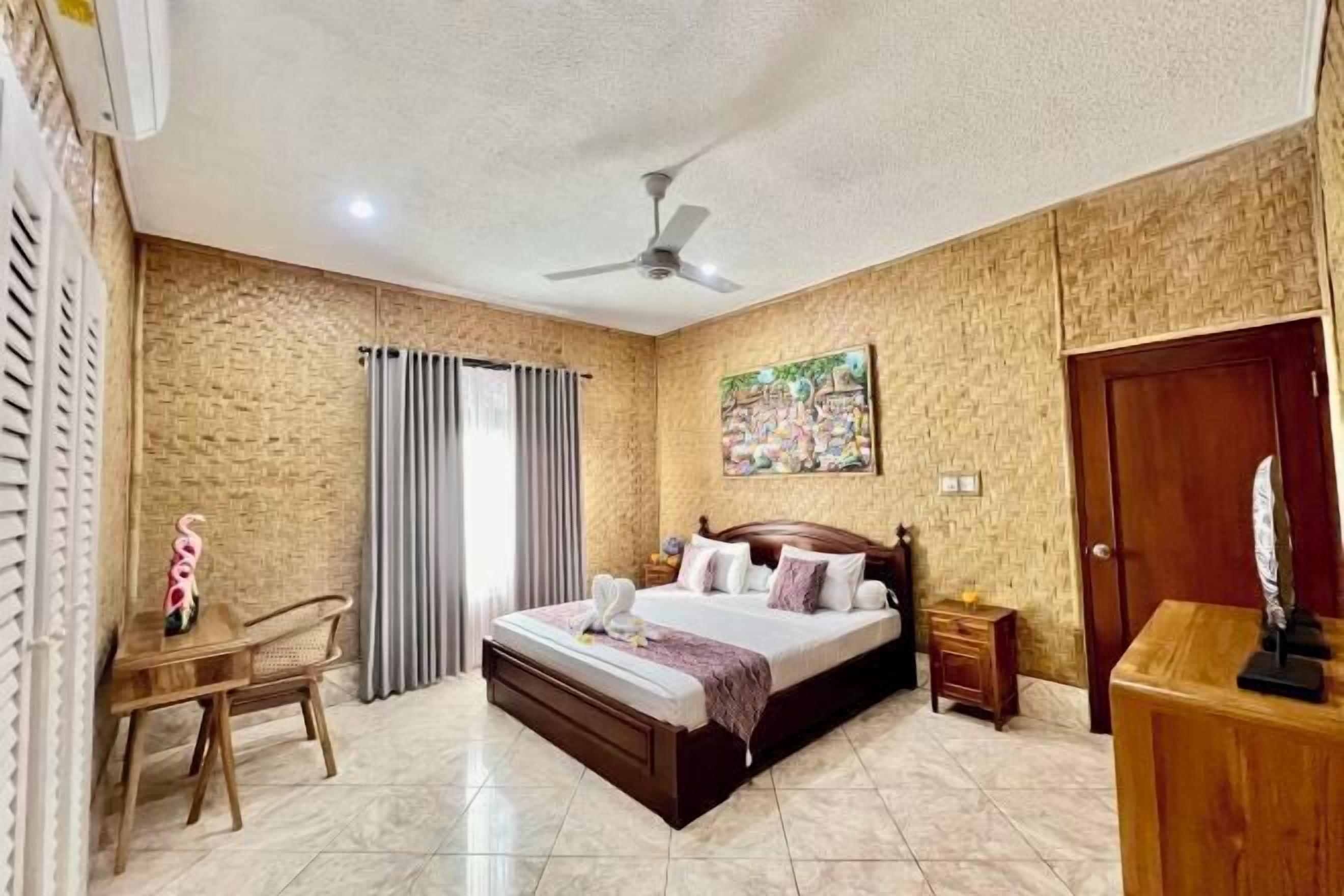 1 bedroom, desk, blackout drapes, iron/ironing board