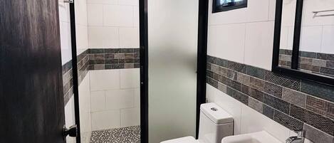 Un baño con ducha, inodoro y lavabo.