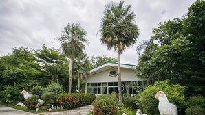 A building with a green roof and large windows, surrounded by lush greenery and various animal sculptures.