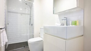 Shower, hair dryer, towels