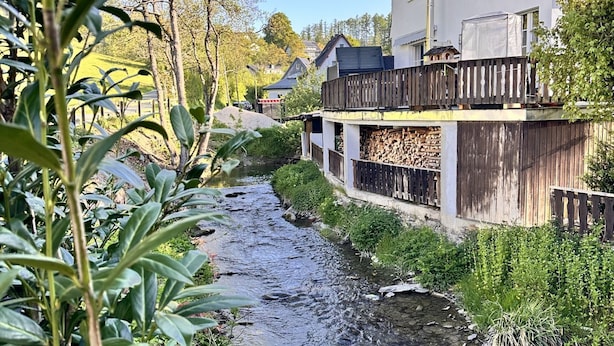 A residential area with a river, wooden fences, and houses with balconies. - Comfortable and versatile room -perfect for relaxation, work and exchange (Winterberg)