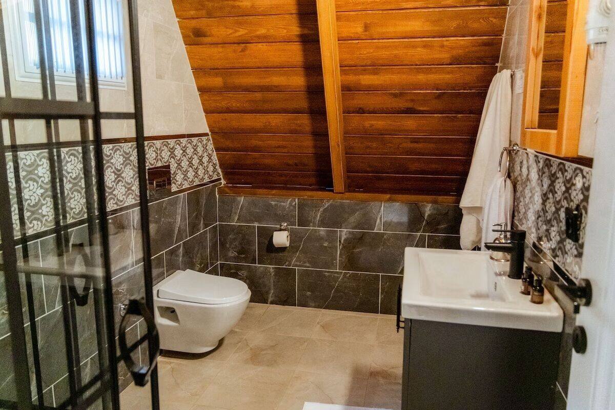 A bathroom with a wooden ceiling, a white toilet, a sink with a mirror, and a shower area.