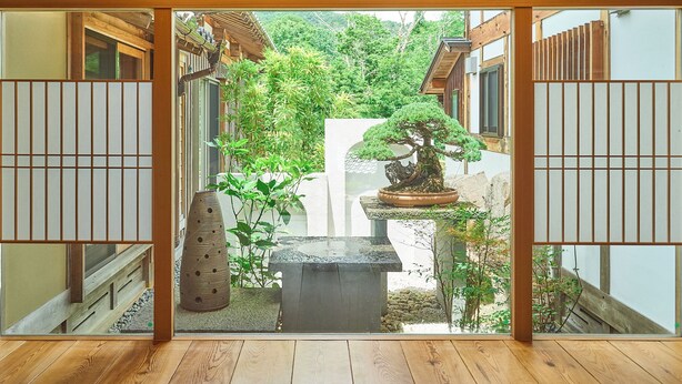 A traditional Japanese room with tatami flooring, a shoji screen, and a view of a garden with a bonsai tree. - Keyaki no yado En (Koka)