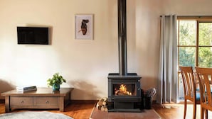 Una habitación acogedora con una estufa de leña, un televisor montado en la pared y una ventana con vistas a zonas verdes.