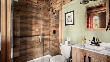 Shower, hair dryer, towels, shampoo