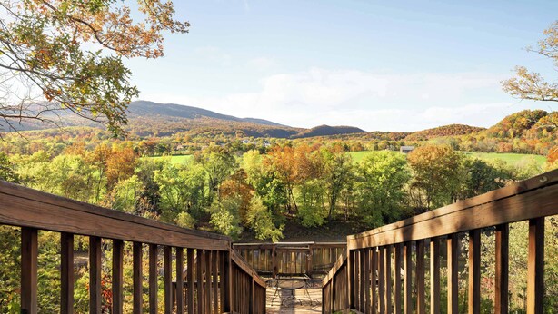 Una escalera de madera que lleva a una terraza con vistas a un valle boscoso y colinas al fondo.