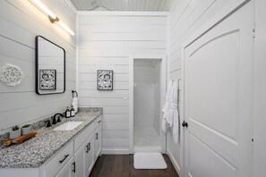 Hair dryer, towels, soap, toilet paper