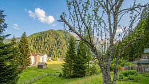 Paisaje rural con un edificio rodeado de árboles y una montaña al fondo.