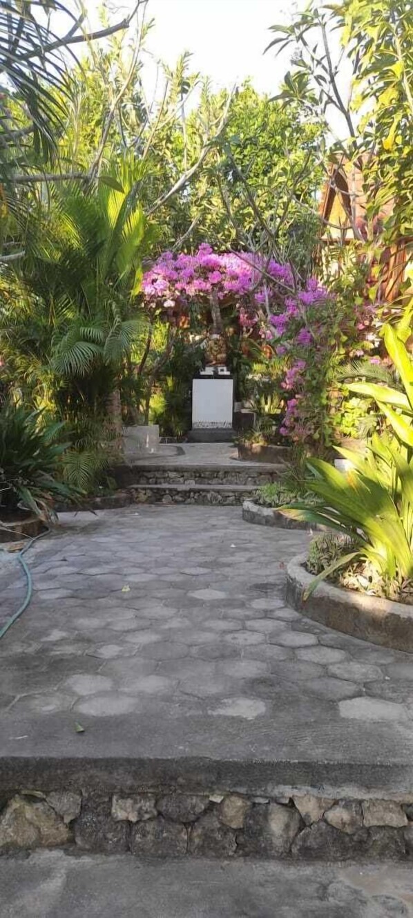 A paved pathway leading to a stone bench surrounded by lush greenery and flowering plants.