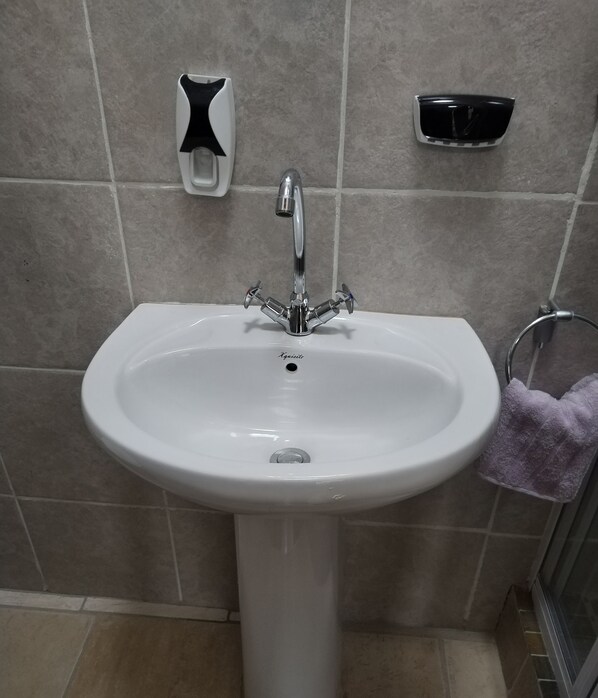 A bathroom with a white sink, a faucet, and a soap dispenser on the wall. - Home of peace and tranquility (Pretoria)