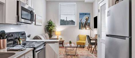 Fridge, microwave, oven, stovetop