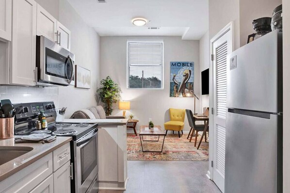 Fridge, microwave, oven, stovetop