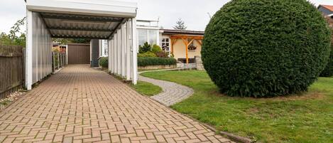 En anlagt sti der fører til en overdækket indgang, en velplejet græsplæne og en stor, rund hæk.