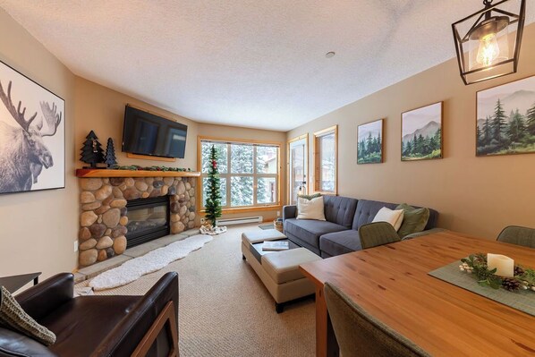 Smart TV, fireplace, books, stereo