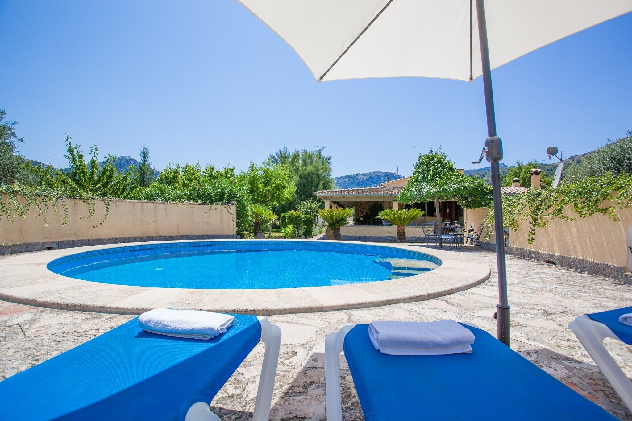 Un espace aménagé au bord de la piscine, avec des chaises longues et une table, entouré de verdure et avec un bâtiment en arrière-plan.