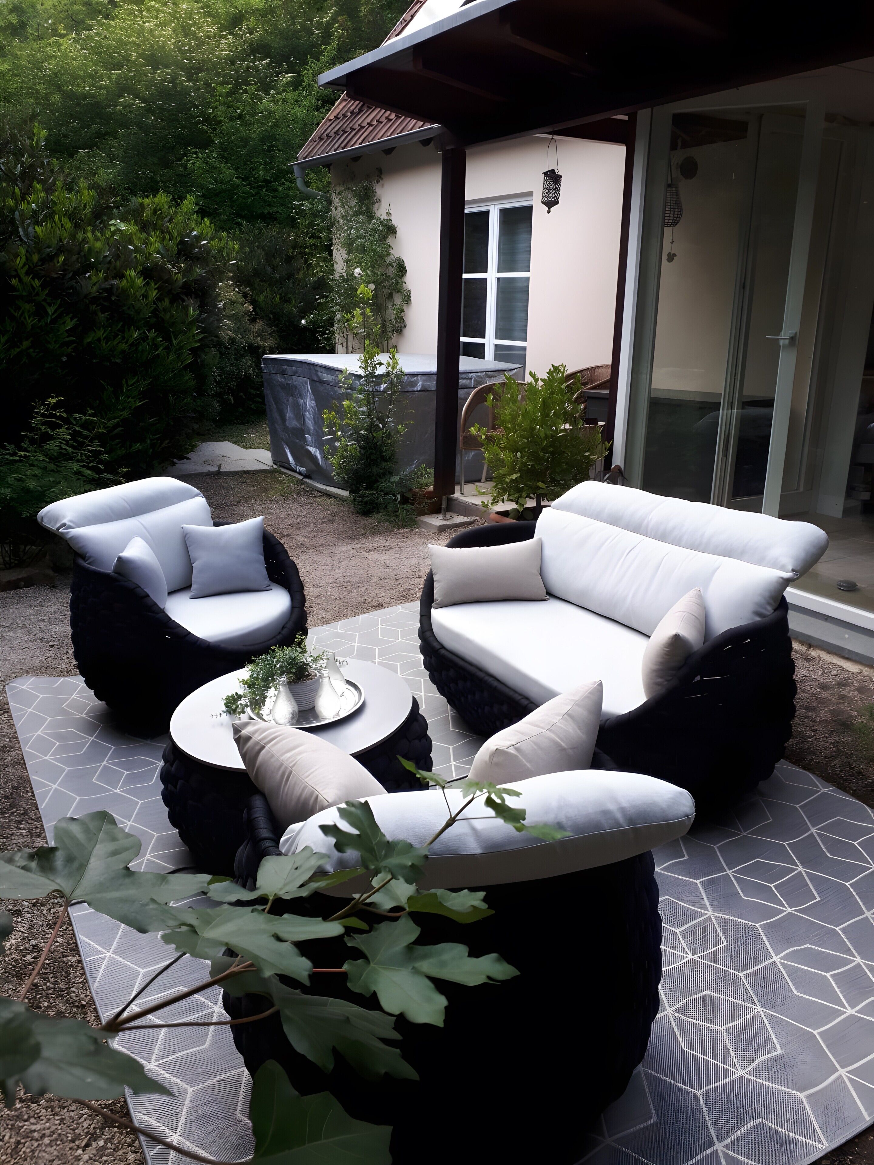 Un espace extérieur aménagé avec un canapé et des fauteuils, une petite table et une plante en pot.