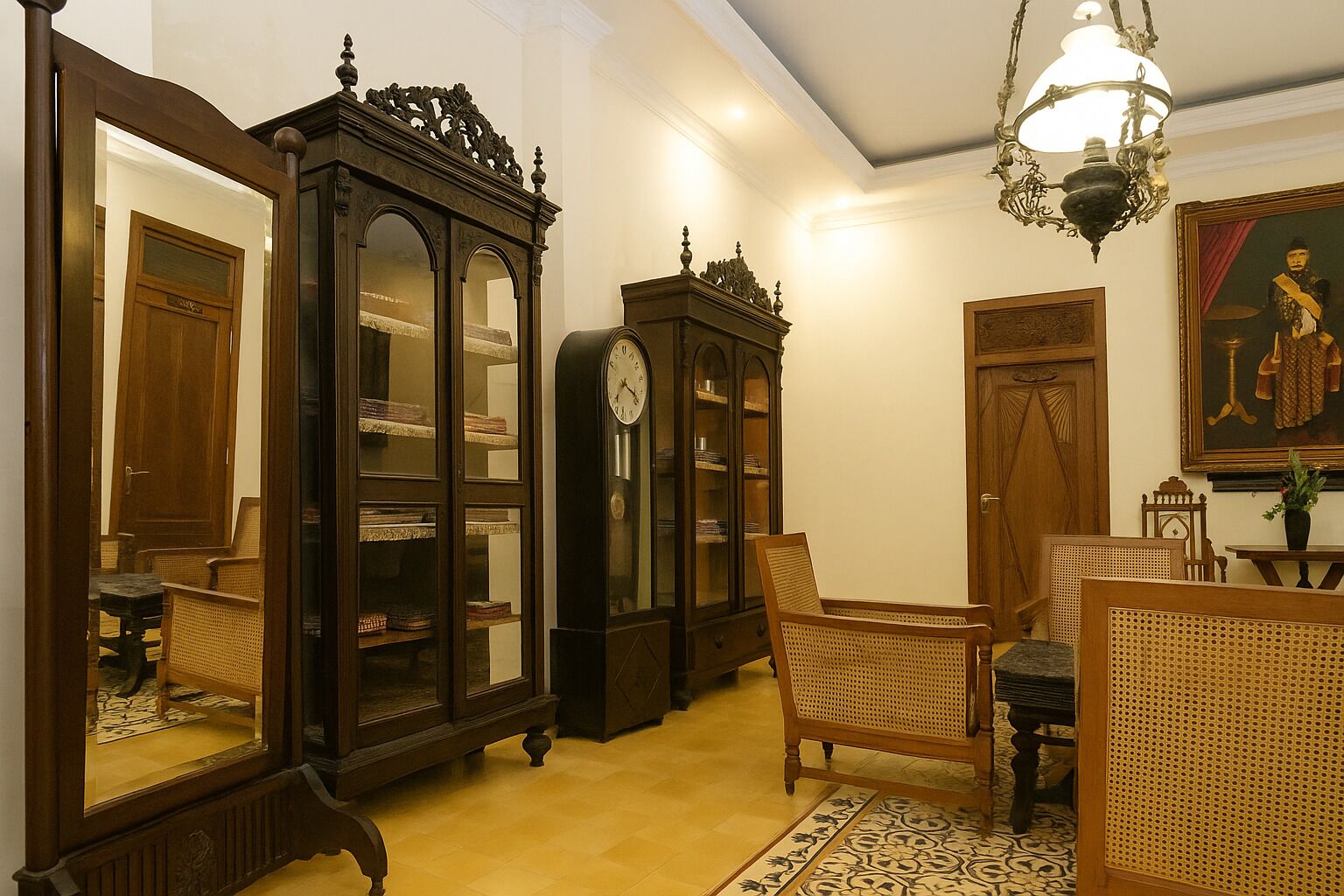 A room with a large wooden cabinet, a clock, wicker furniture, and a painting on the wall.