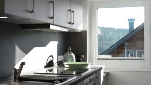 A modern kitchen with a stove, kettle, and a window overlooking a forested area.