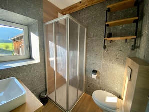 A modern bathroom with a shower enclosure, a toilet, and a sink.
