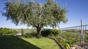 Ein von Bäumen gesäumter Garten mit einem Metallzaun, einem Blumenbeet und freiem Blick auf die umliegende Landschaft.
