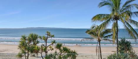 Une vue sur la plage, avec des palmiers et un ciel dégagé.