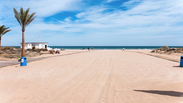 Een strand met een zandpad, palmbomen en een klein wit gebouw.