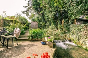 Relax by the serene water feature surrounded by lush greenery and a variety of plants.