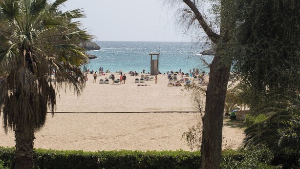 A beach with palm trees, a lifeguard tower, and people relaxing. - Ca N'estel - Villa With Private Pool In Cala D'or (Cala D'or, Illes Balears)