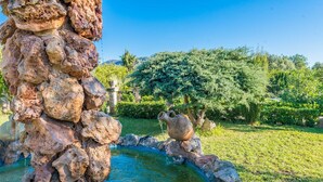 A garden with a rock wall, a small pond, and a tree. - Hibiscus - Villa With Private Pool In Crestatx (Crestatx , Illes Balears)