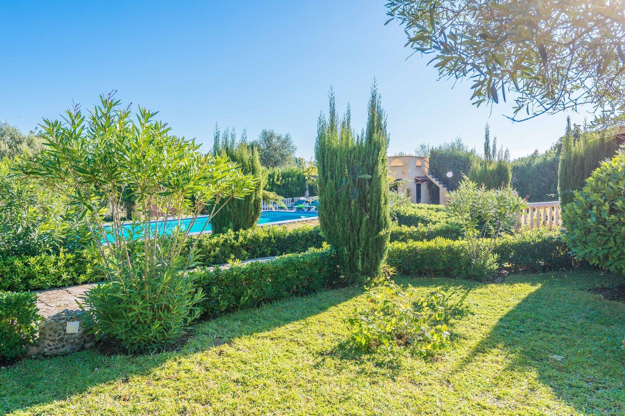 A well-maintained garden with a swimming pool, neatly trimmed hedges, and a variety of shrubs.