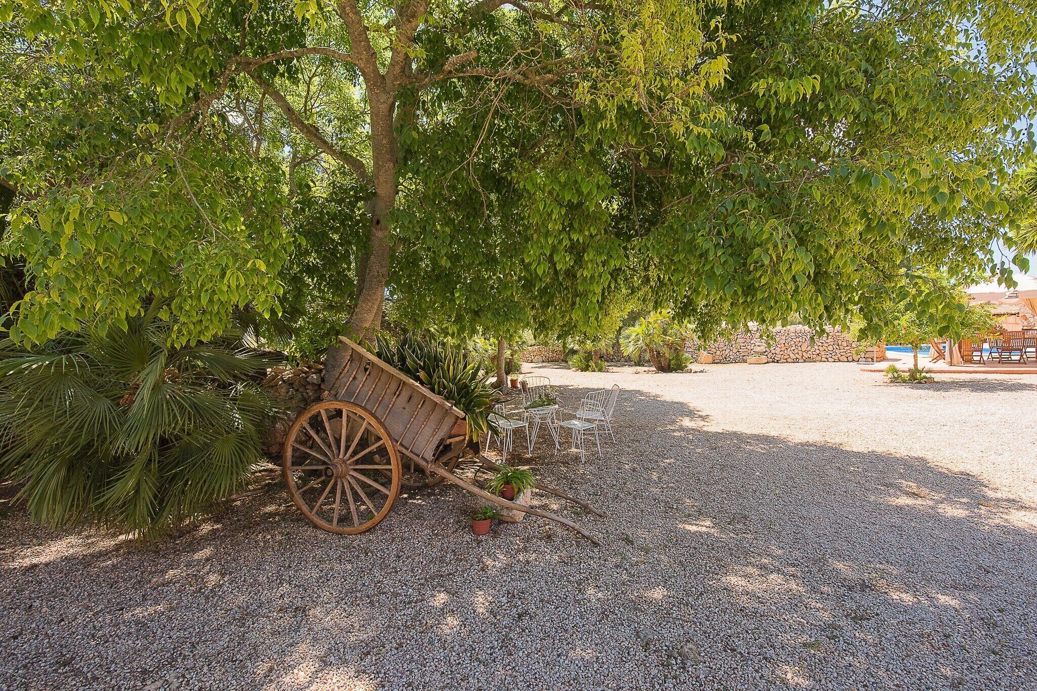 A rustic outdoor seating area with a wooden cart, surrounded by gravel and trees.