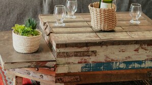 Uma sala de estar aconchegante com um sofá cinza, almofadas com tema de abacaxi, uma mesa de centro rústica com uma garrafa de vinho e copos, e uma pequena planta em vaso.