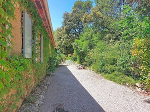 A gravel path leading to a building with a brick facade and green vines.