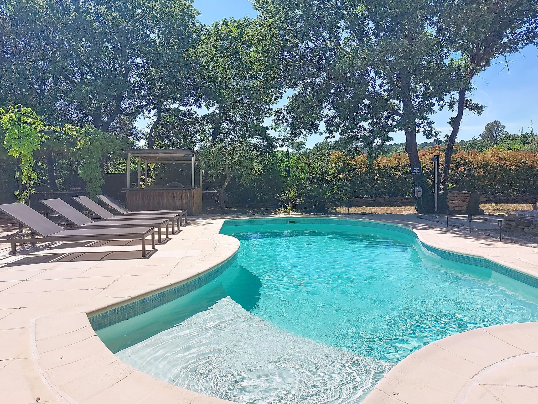 A swimming pool with lounge chairs, a pergola, and trees in the background.